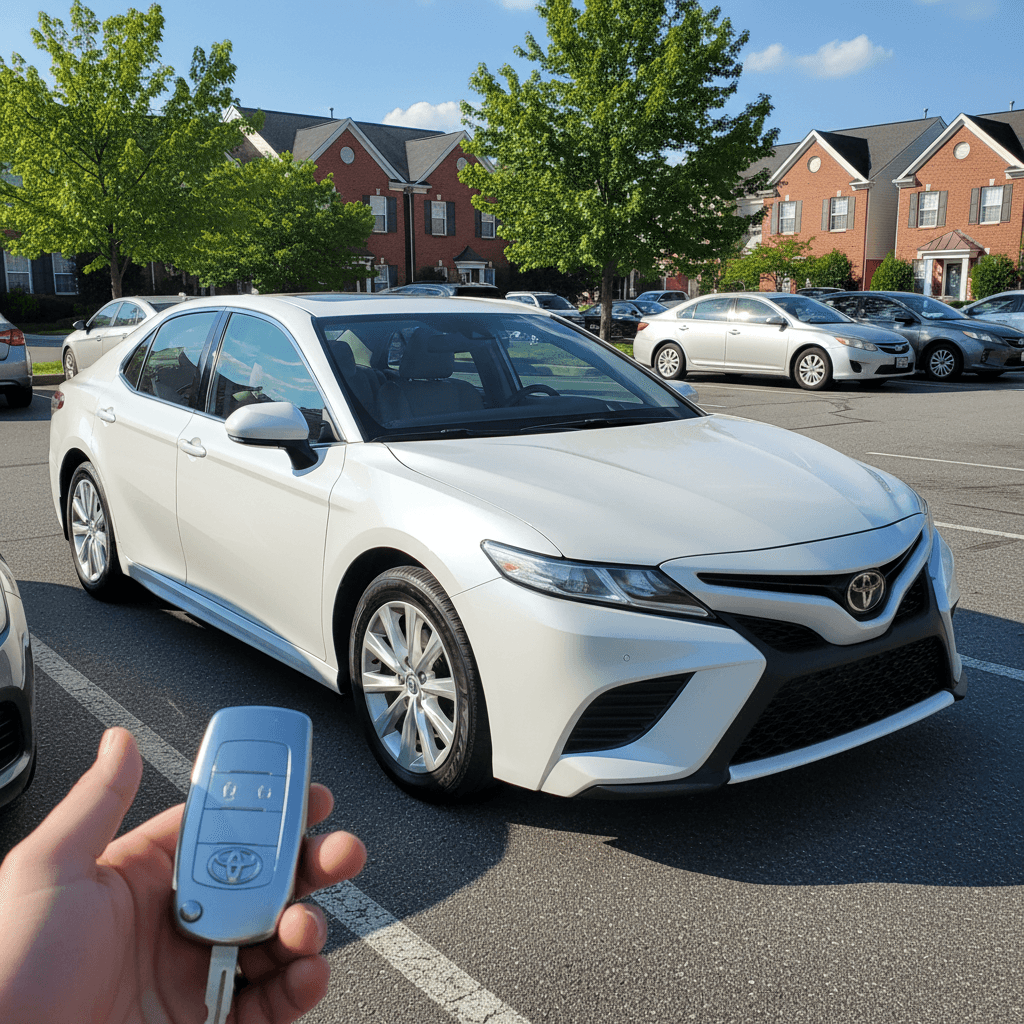 Clean mid-size sedan parked in a sunny suburban lot, keys in hand, ready to go