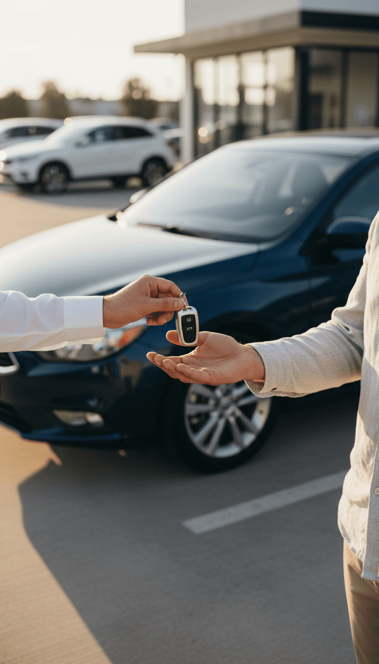 Rental agent handing car keys to a customer beside a sedan