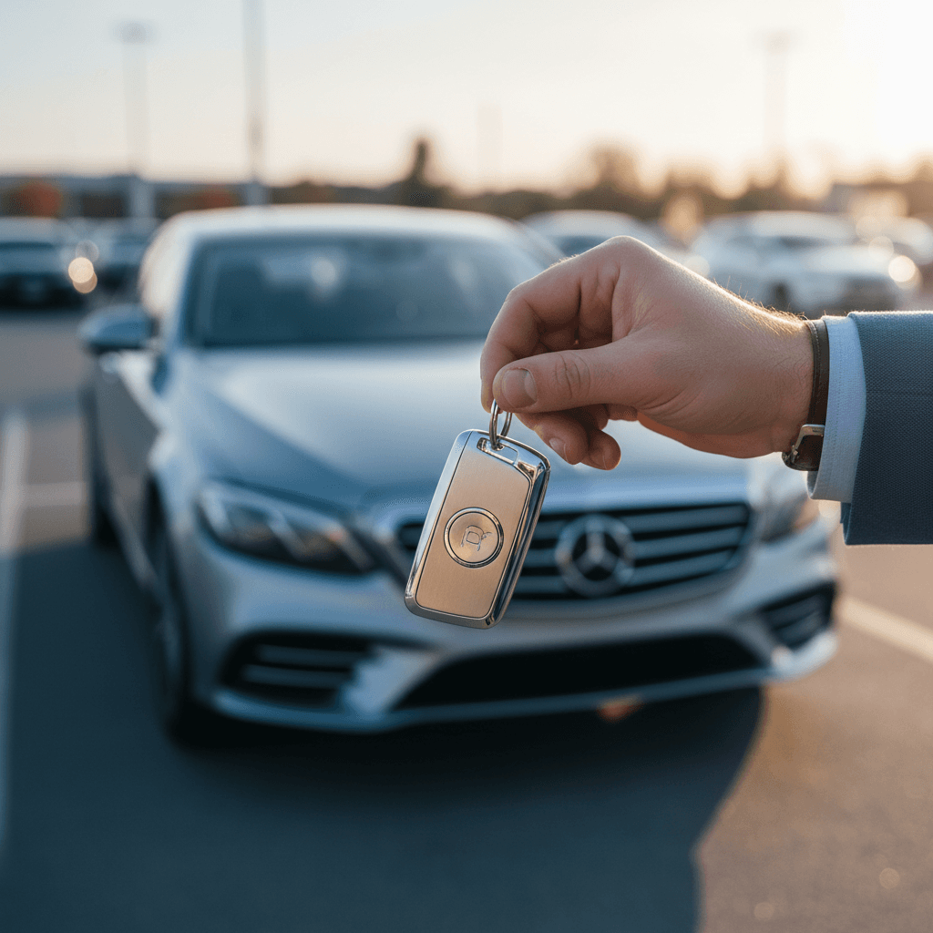 Customer receiving car keys from rental attendant beside a sedan in Hampton