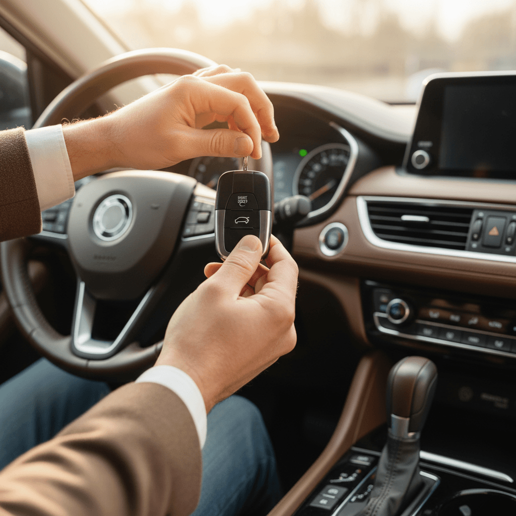 Car interior with keys in ignition ready to drive