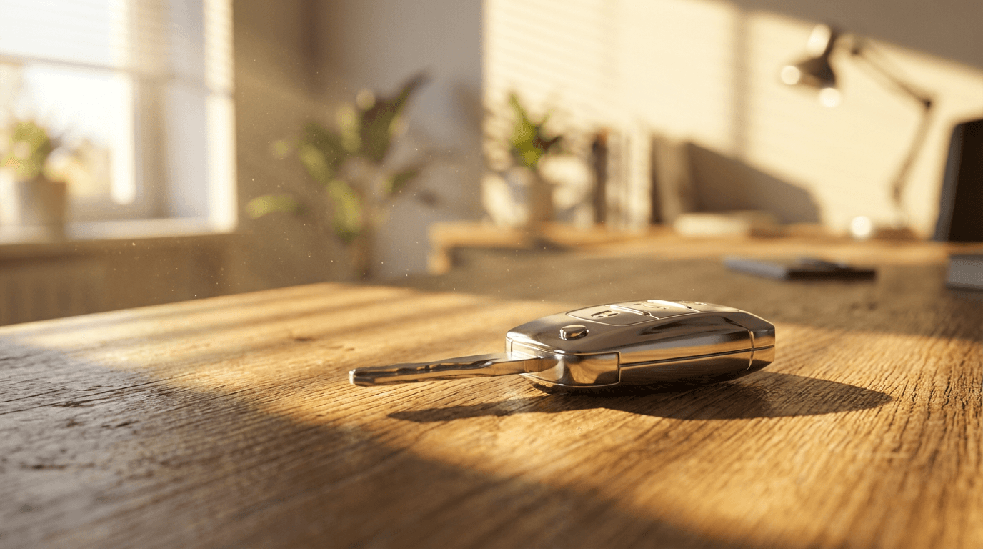 Hand holding car keys in front of a blurred vehicle