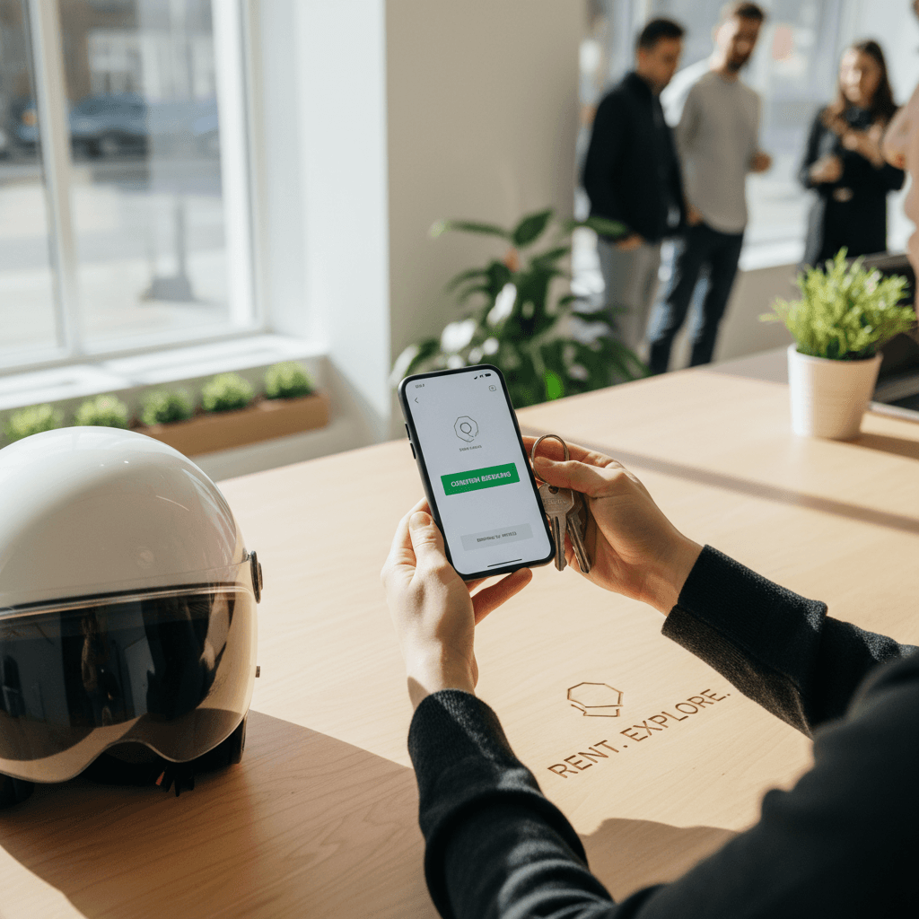 Open smartphone with a rental booking confirmation and car key fob