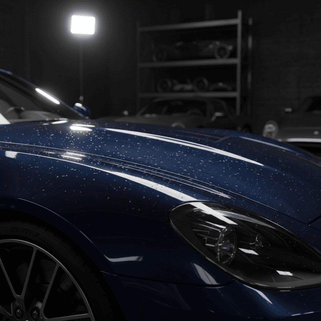 Close-up of a premium luxury car's sleek headlight and clean body line at dusk